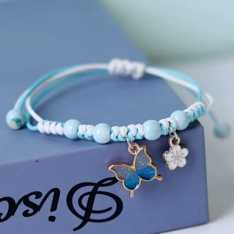 Couple Friendship Resin Butterfly Bracelets Bohemian Ceramic Beaded Enamel Flower Charm Handmade Braid Rope Girl Cute Bracelet