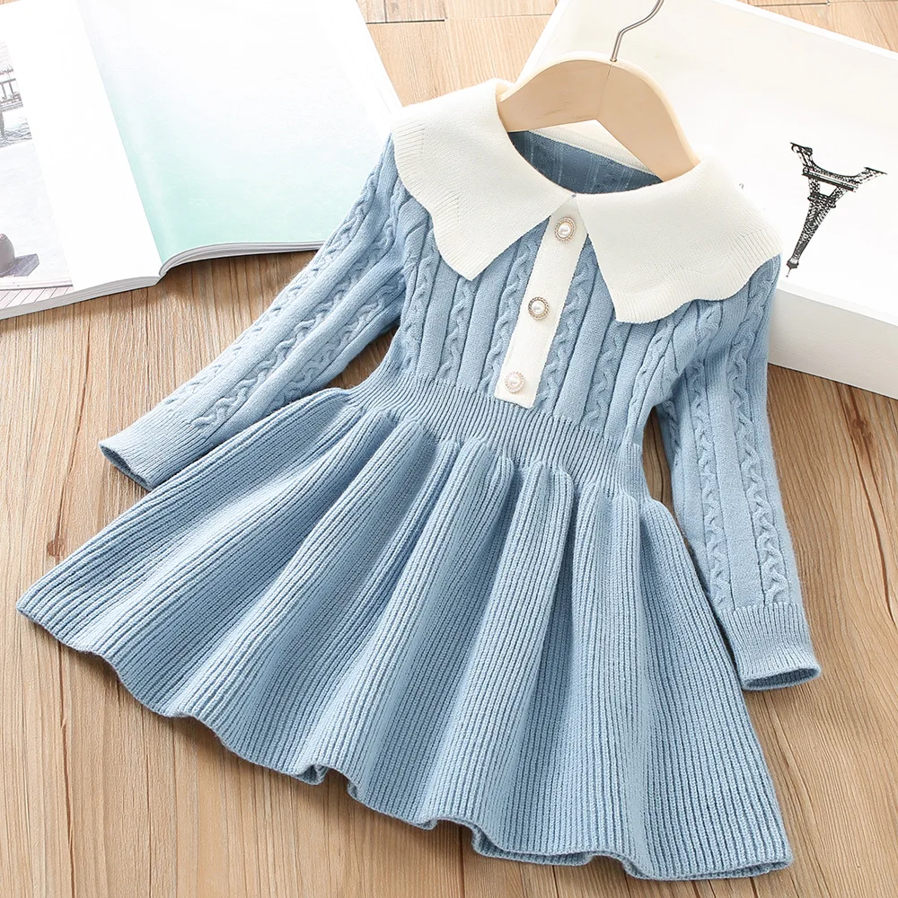 Girls Fashion Sweater Dress 2022 Girl Baby Lapel Toddler Cute Knit Sweater Princess Dress