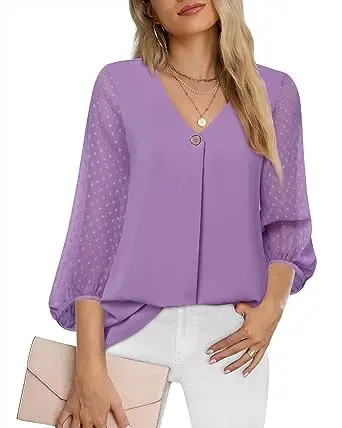 Womens Lantern 3/4 Sleeve design oem Customizable Causal Loose V Neck Chiffon Blouses Tops square neck blouse