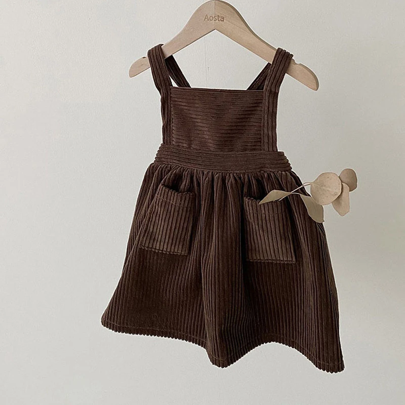 2023 Baby Summer Clothing Toddler Kids Baby Girls Party Strap Suspender Gown Solid Overalls Dresses Corduroy Outfits