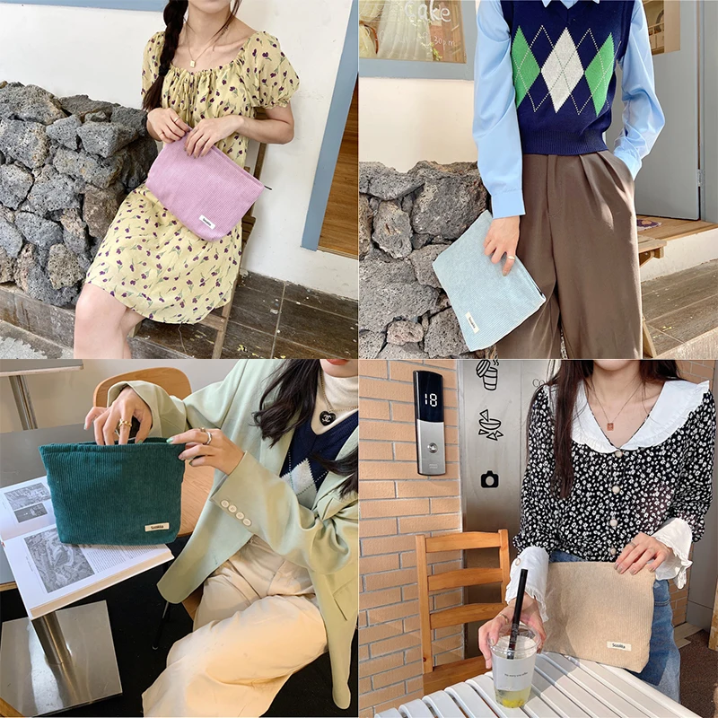 Custom Label Logo Vintage Corduroy Makeup Bag Colorful Pencil Case with Zipper Closure Soft Cosmetic Storage Pouch Clutch Women