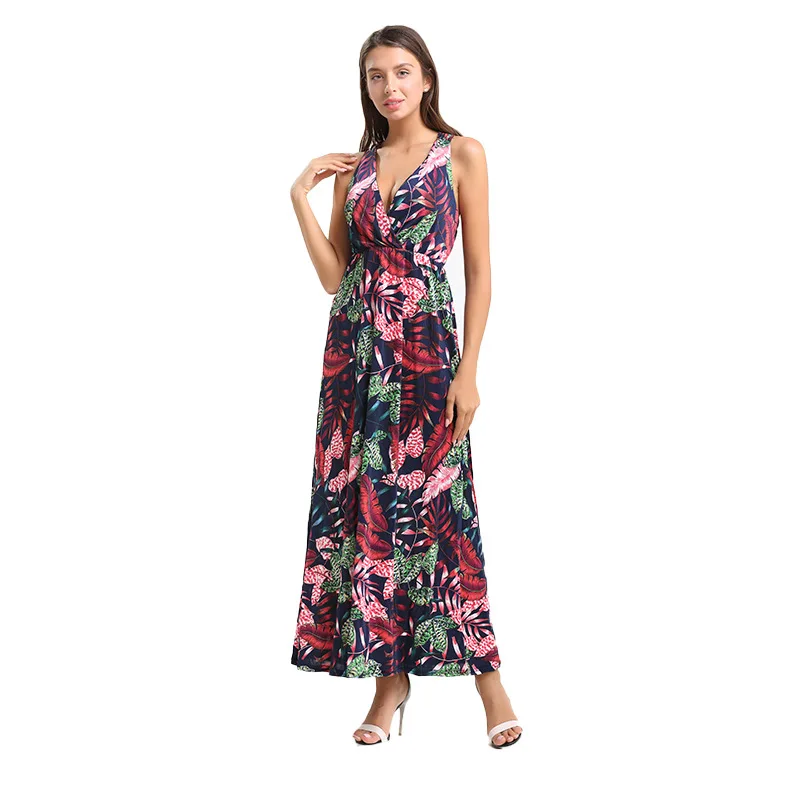 PDEP 2022 new V neck  sleeveless women long maxi dress elegant high waist loose fancy  flower ladies beach bohemian casual dress