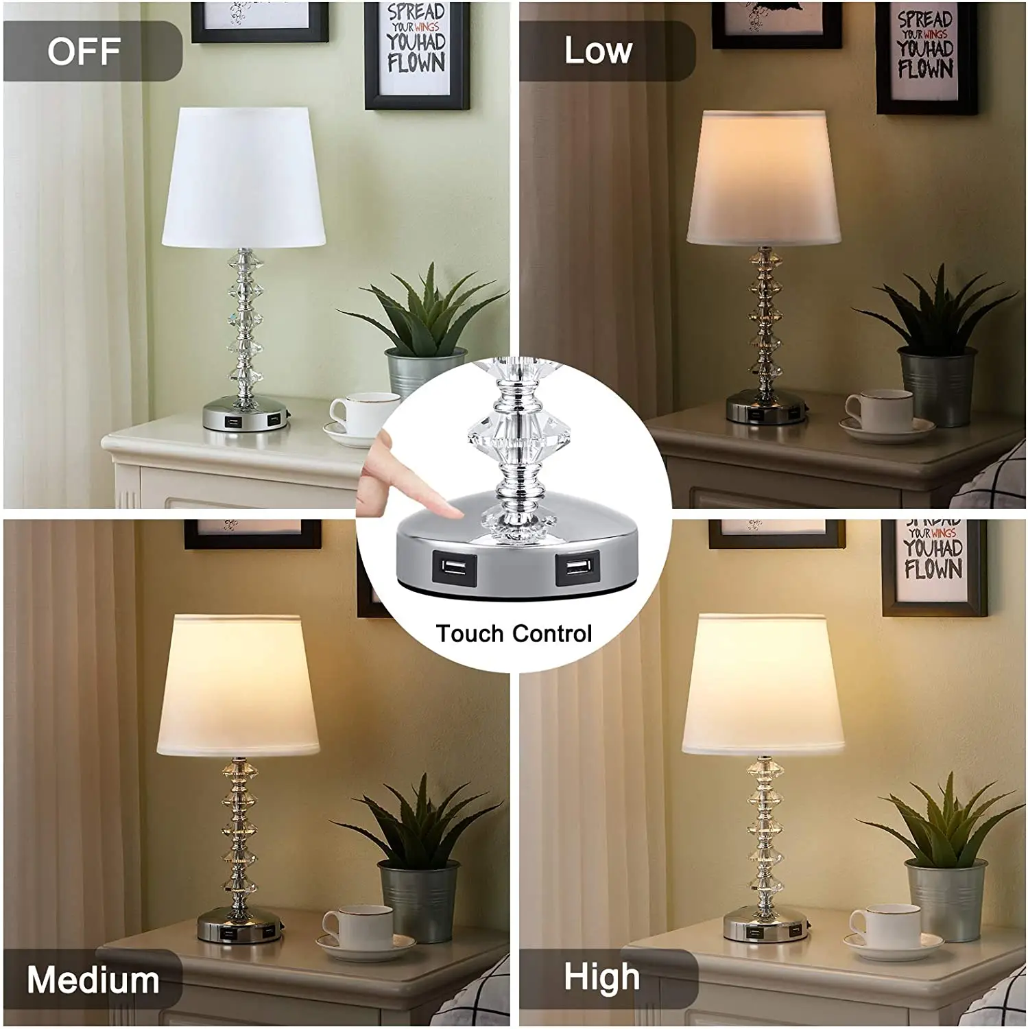 Touch Crystal Lamp for Bedroom with USB Ports White USB Bedside Table Lamp Nightstand Lamps