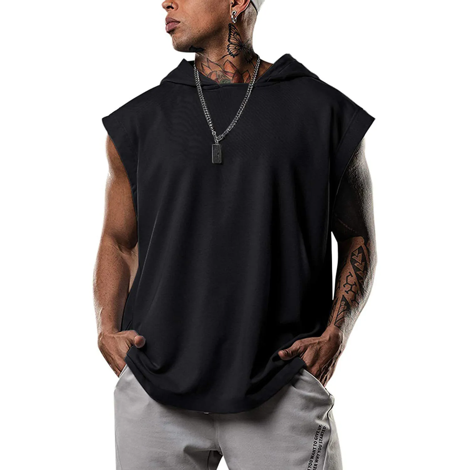 Wholesale Sleeveless Leisure Oversize Hoodie Solid Color Quick Dry Sweatshirts Men Pull Over Off Shoulder Gym Fitness Men Tops