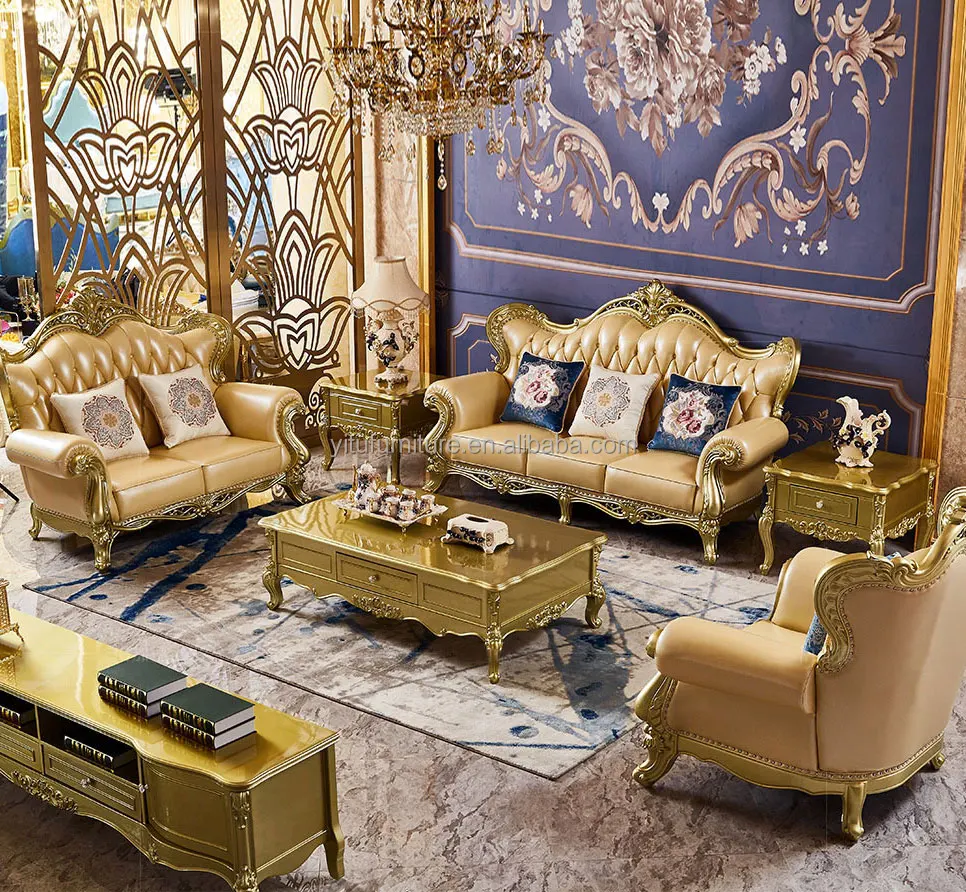 European Luxury French Baroque Style Royal Living Room Furniture Set Golden Sofas Palace wooden Hand Carved Leather Sofa Set