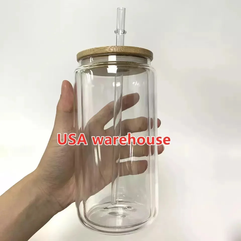 USA warehouse 12oz 16oz clear pre drill double wall glitter blank sublimation snow globe glass can with bamboo lid and straw