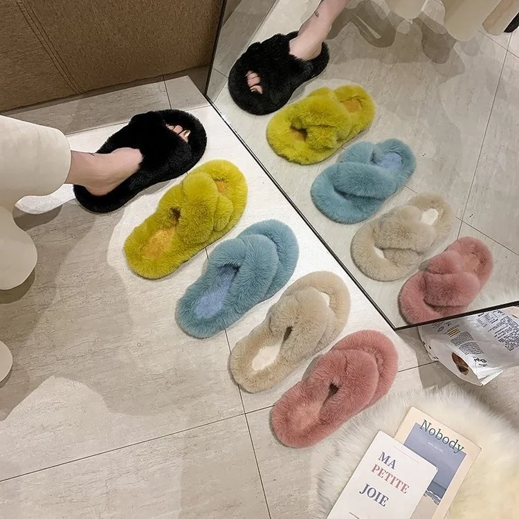 Custom  Cozy Fluffy Home Plush Ladies Winter Fuzzy House Furry Fancy Fashion Fur Slippers For Women