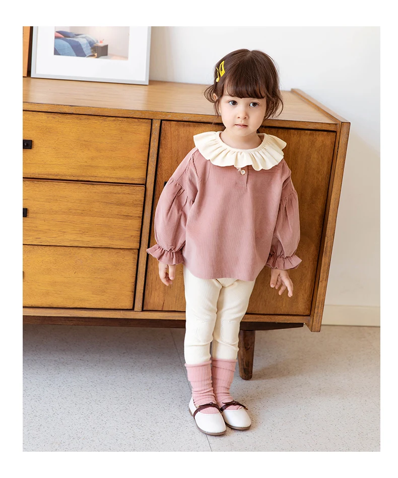 China supplier long sleeve girls tops  t shirt cotton children clothes ruffle neck tshirt wear