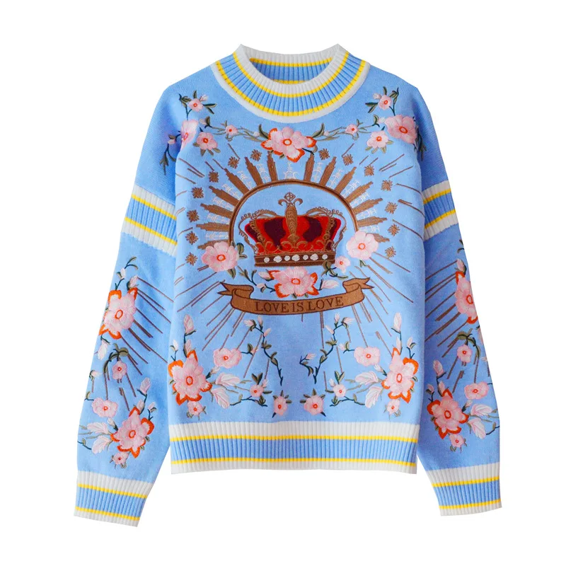 
Winter Female Flower Embroidery Round Neck Jacquard Long Sleeve Knitting Pullover Sweater jumpers clothes 