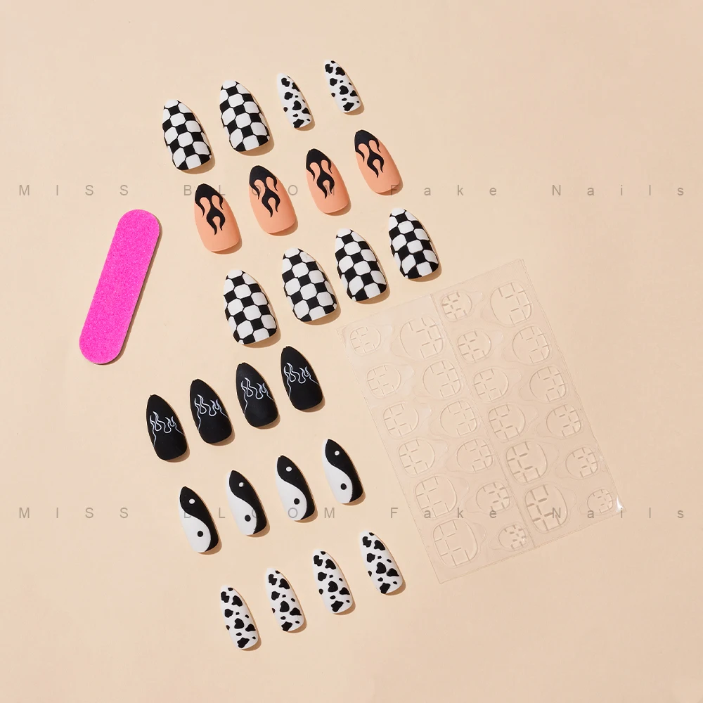 Missbloom Fashion Matte Black Almond Fake Nails Full Cover Fire Cow Grid Almond Shape Press On Nails