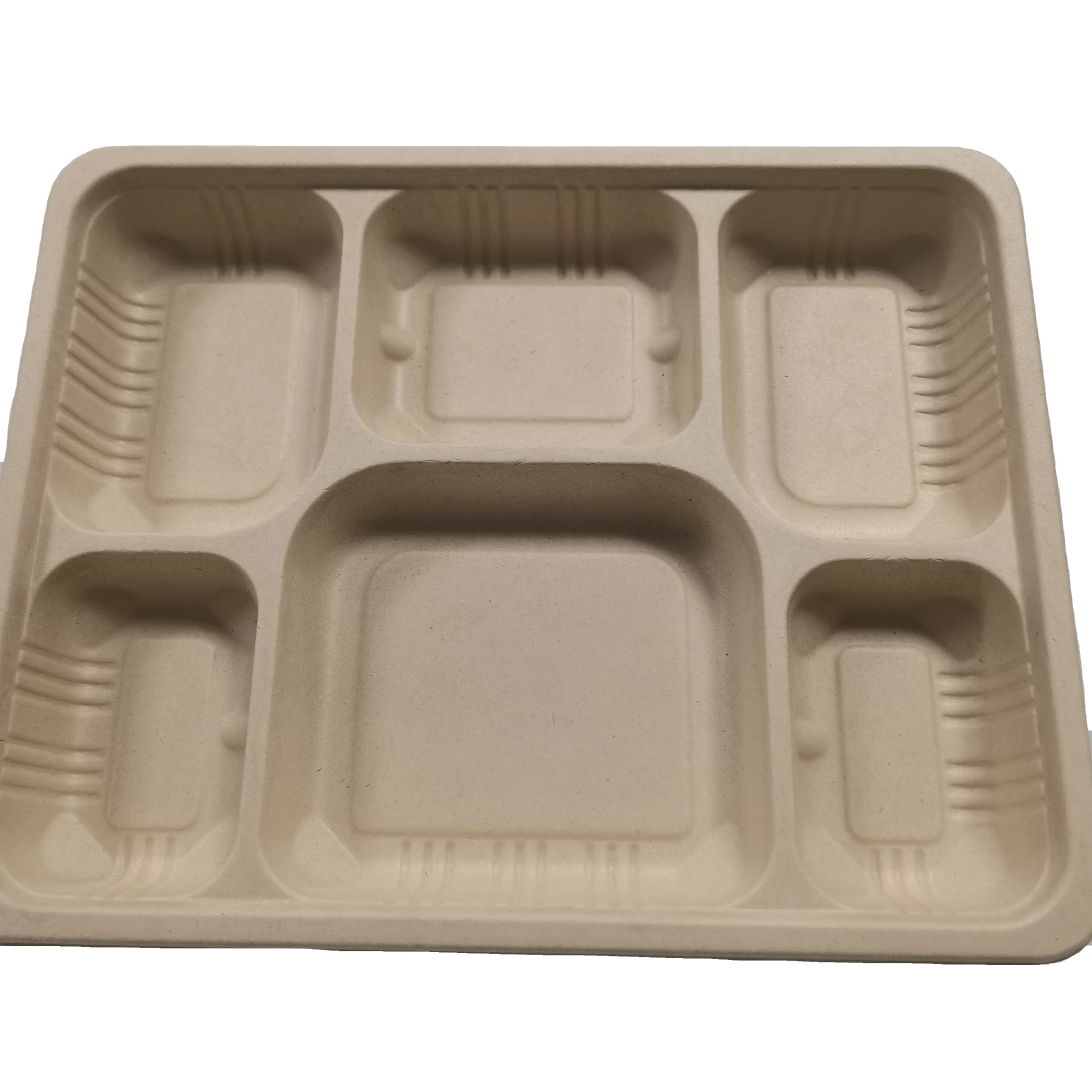 BOSI OEM Logo Bagasse Fiber 6 Compartment Hospital Lunch Plate Food Tray Disposable Fast Food Serving School Tray