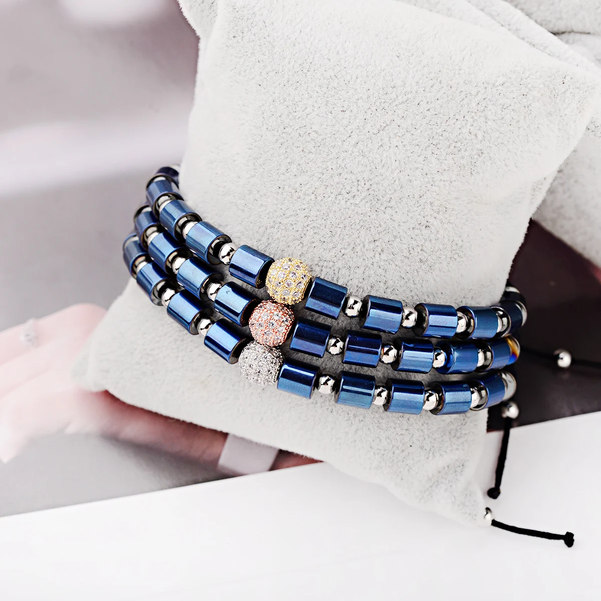 Luxury Women Men Clear Zircon Gold Plated Bracelet Set Blue Hematite Copper Bead Couple Bracelets