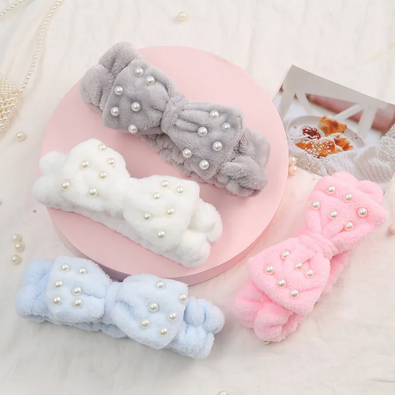 Pearl Decor Bow Headbands Shower Spa Headbands Headwraps for Women Washing Face Hair Band