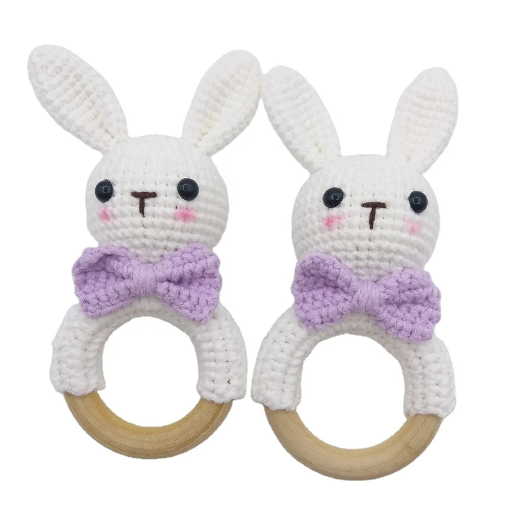 Natural Organic Cotton nursery crochet Stuffed animal Amigurumi bunny Rabbit toy gift baby teething rattle