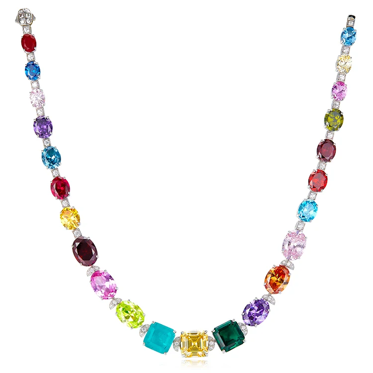 Colorful Cubic Zirconia Rainbow Tennis Necklace Sterling Silver Full CZ Diamond Choker Necklace