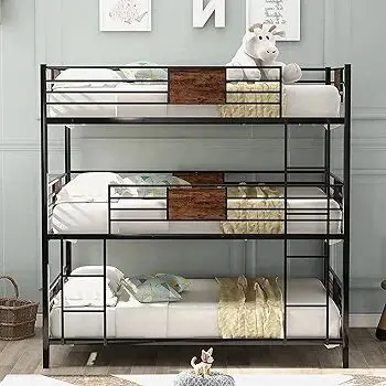Metal Triple Bed Twin Over Twin Over Twin, Frame with Long and Short Ladder for 3, Strong Bunk Beds for Kids and Adult