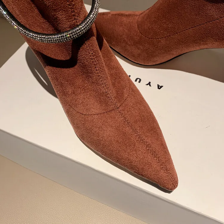Cialisa Autumn Winter Stretch Ankle Boots Pointed Toe Thin High Heels Designer Shoes Lady Rhinestone Strap Woman Boot