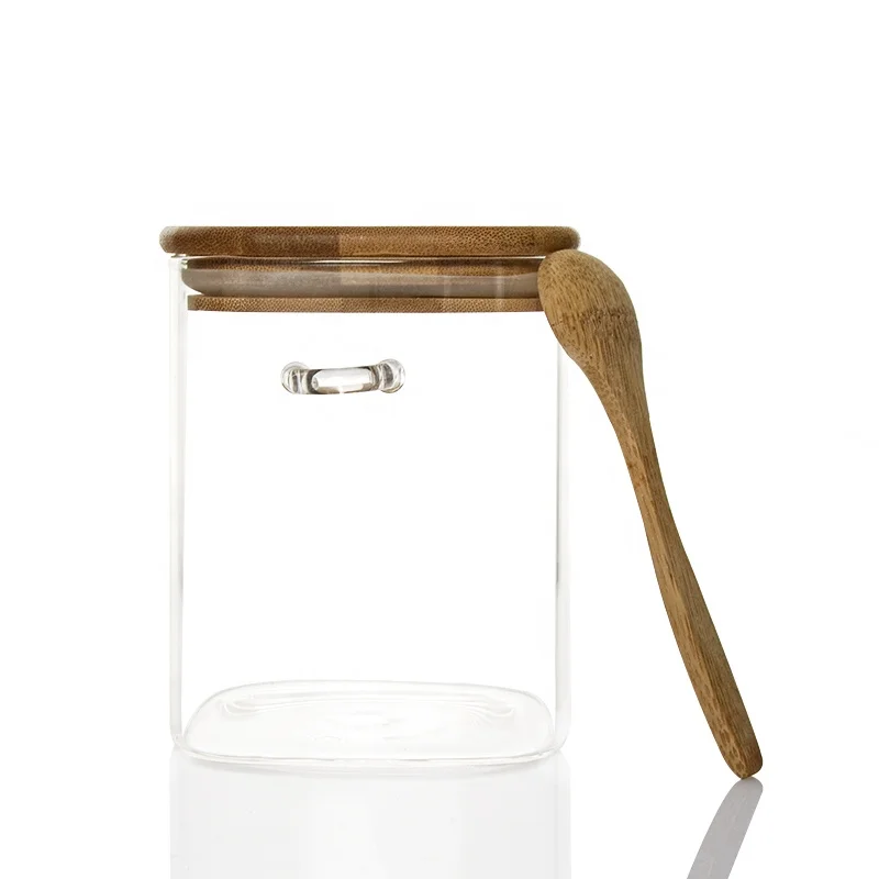 Wholesale 1000ml 1200ml 1500ml glass Kitchen Storage Square food Storage glass Jar With bamboo Lid and spoon