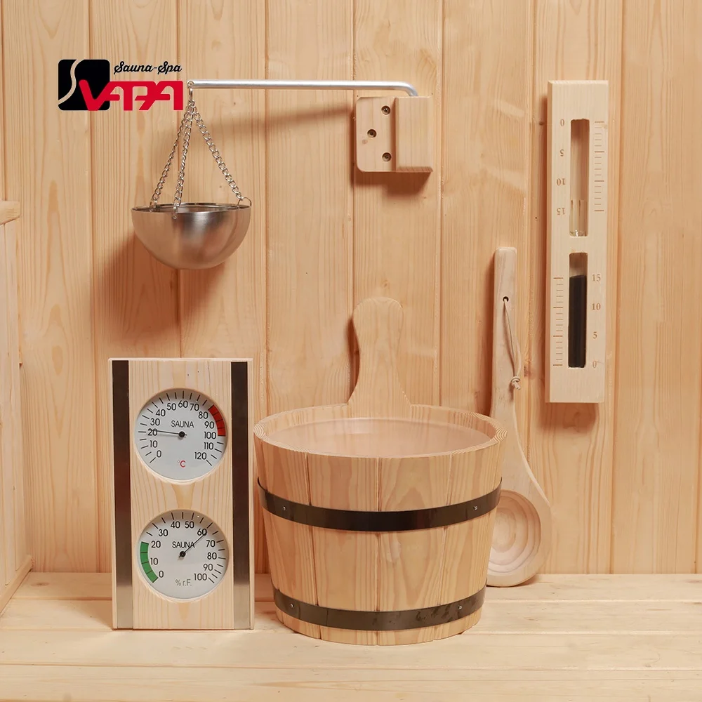 Direct Manufacturer Hot Sale Pine 5L Steel belt Sauna Bucket and Ladles  Metal Thermometer  Sand Timer  Sauna rooms