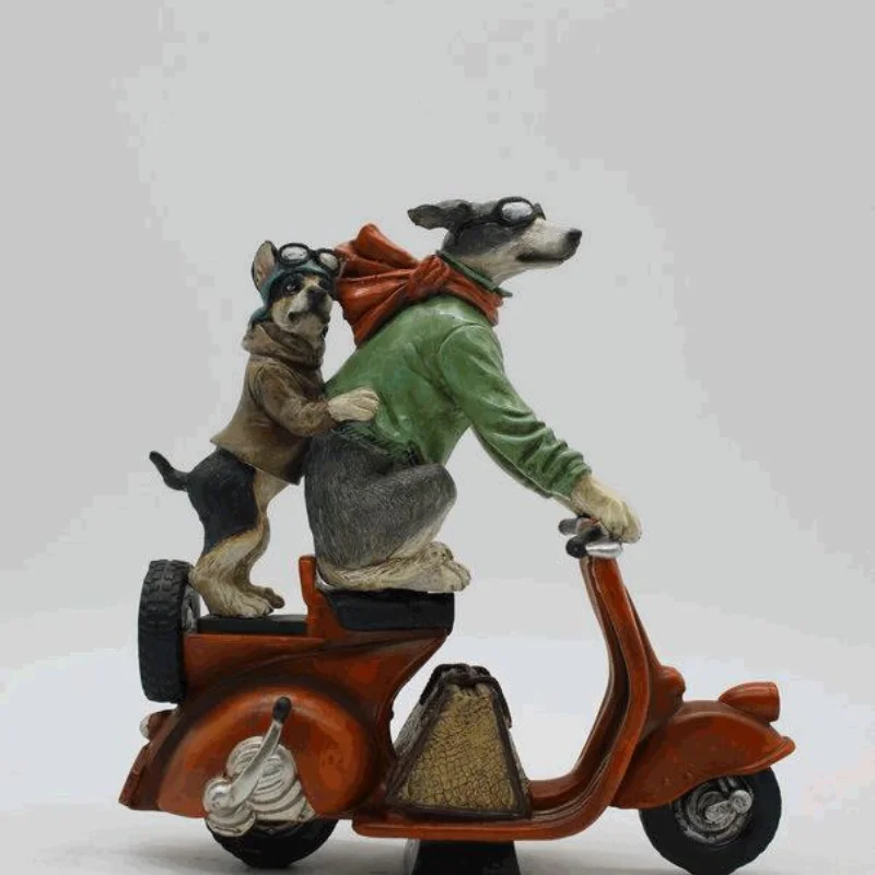 Design fun dog on a motorcycle statue riding a motorcycle travel dog decorated with resin crafts for home decor