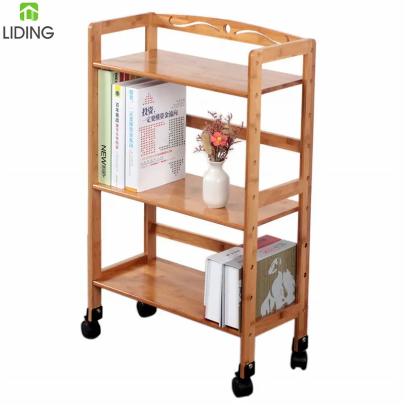 Bamboo Bookshelf Bookcase with Wheels for Kitchen / Living Room / Bedroom / Balcony