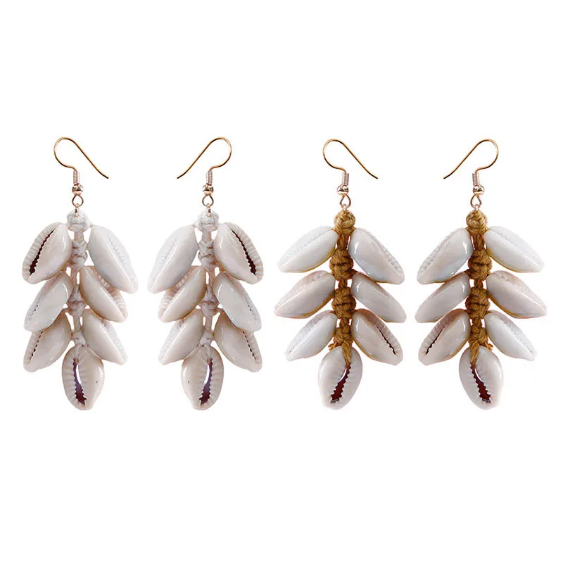 women bohemian ocean style holiday jewelry stainless steel earrings hook cotton rope wrapped shell earrings