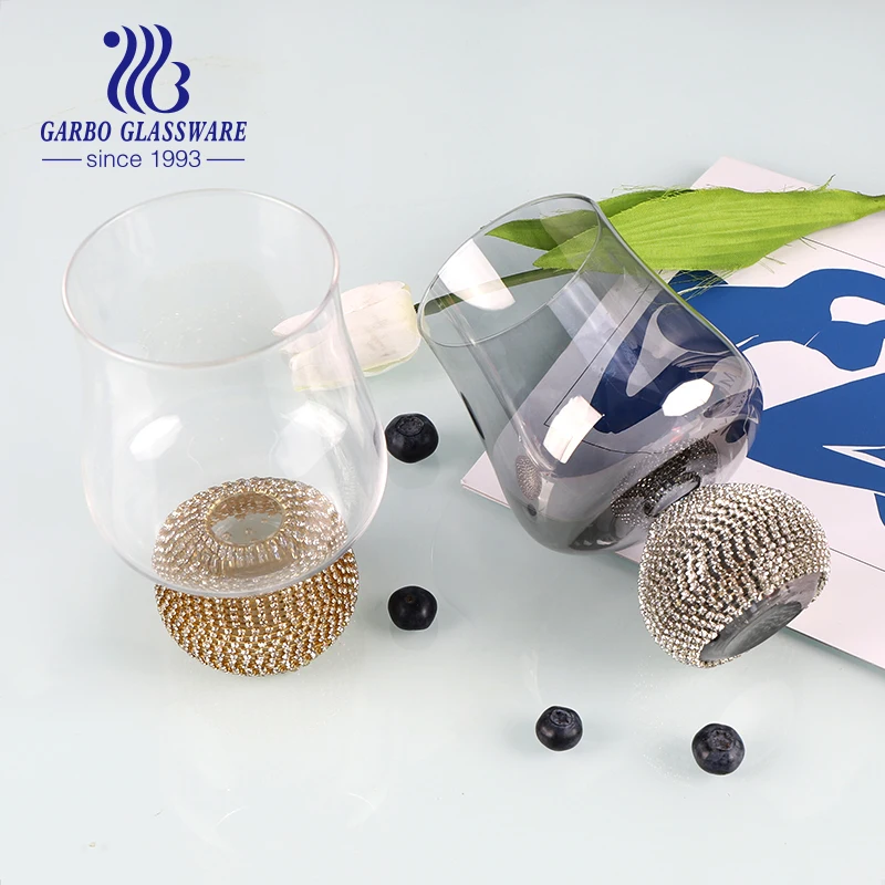 New designed handmade fancy drinking glass luxury diamond decorative water tumbler with golden diamond stem fancy wine glass cup