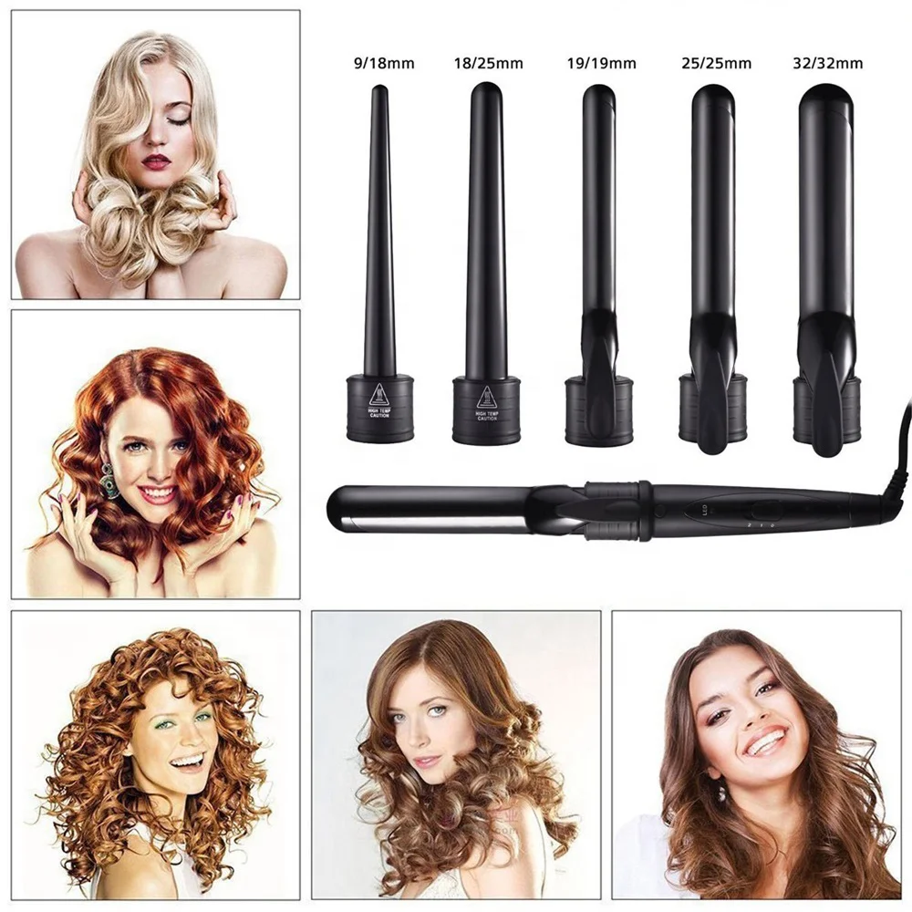 Biumart Hot Sale 5 In 1 Curling Wand Set New Styler Step Portable Hair Waver Rotating Curling Iron Travel Home Use Hair Curler