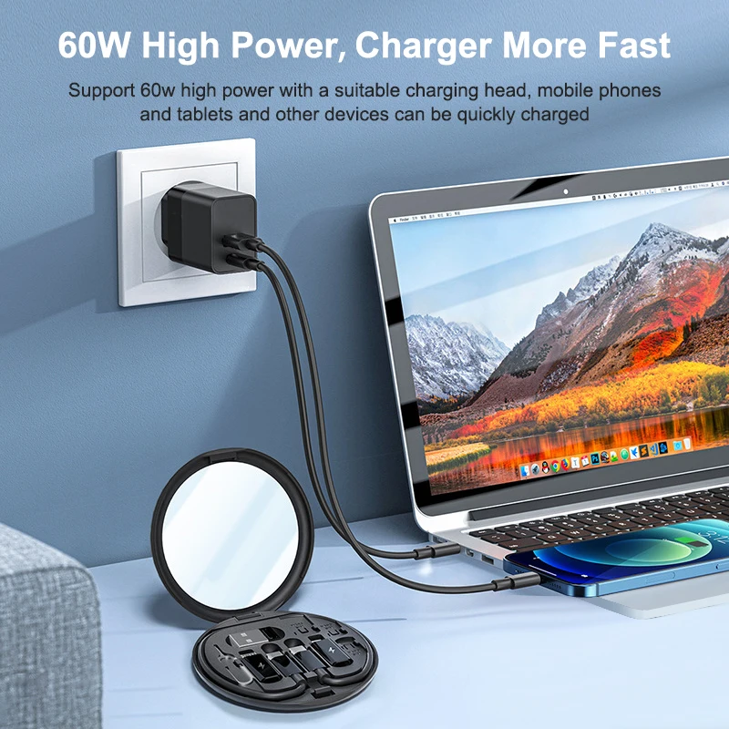 Factory Portable Functional Custom Storage Cable Box Fast Charging Data Cable Phone Holder With Mirror Gift For Travel Outdoors