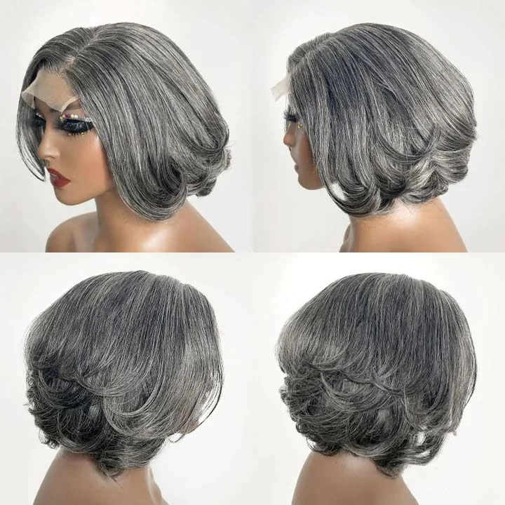 salt and pepper gray wigs for black women,human hair wigs grey salt and pepper,layered cut bob glueless 5x5 13x6 lace wig C part