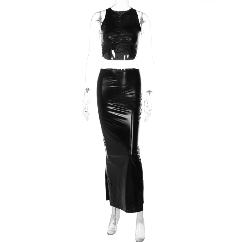 Trending Products 2023 Summer Women Sexy Pu Faux Leather 2 Piece Sleeveless Top Side Slit Midi Skirt Set