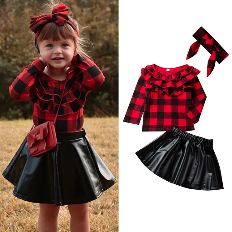 Wholesale children boutique clothing baby clothes Red black Grid top+ Leather skirt +hairband 3pcs girl clothes set