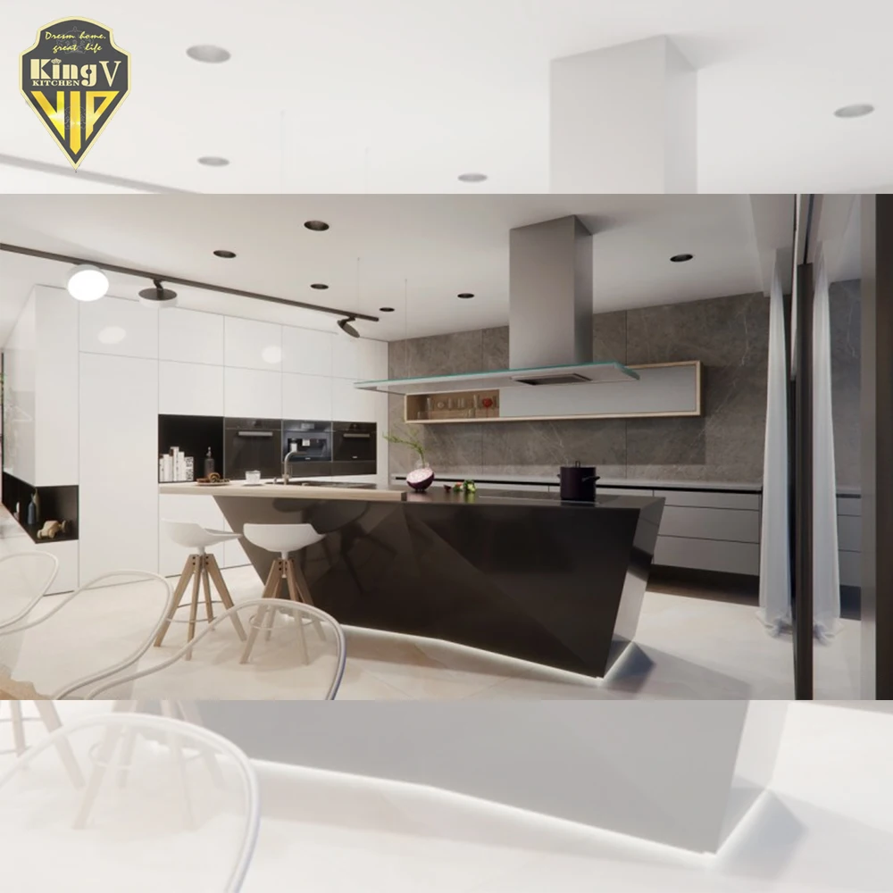 2022 new acrylic finish white shaker style kitchen cabinet u shape cabinet with marble countertop with island kitchen cabinet