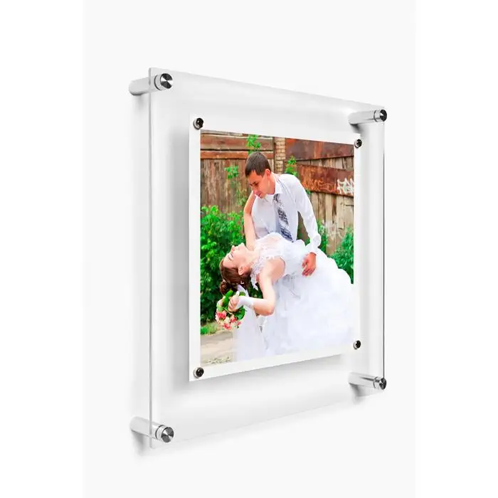 14x14 дюймов Магнитная квадратная однопанельная обрамляющая акриловая плавающая рамка с серебряной фурнитурой