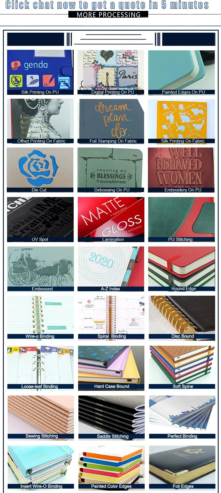 Custom hard cover Printing OEM service Debossed logo gold foil stamping index tabs dividers travel journal notebook