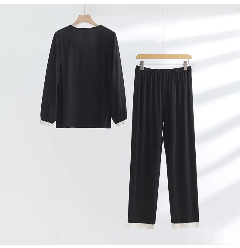 Soyal Spring Fall Satin Drill Lounge Wear Pajamas Set, Autumn Luxury Collarless Long Sleeve Women Pajamas Suit