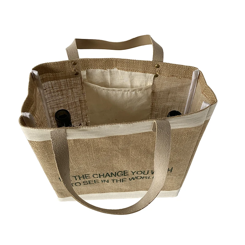 Accept Custom Logo and Design Burlap Tote shopping bags with Leather Handle