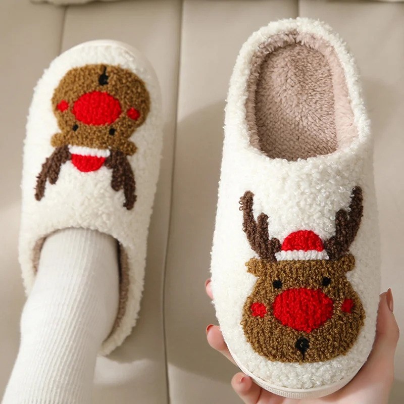 Christmas  Halloween Custom Printed Logo Cartoon Slippers Fall Winter Thicken Indoor Home Plush Fuzzy Slippers Smile Face