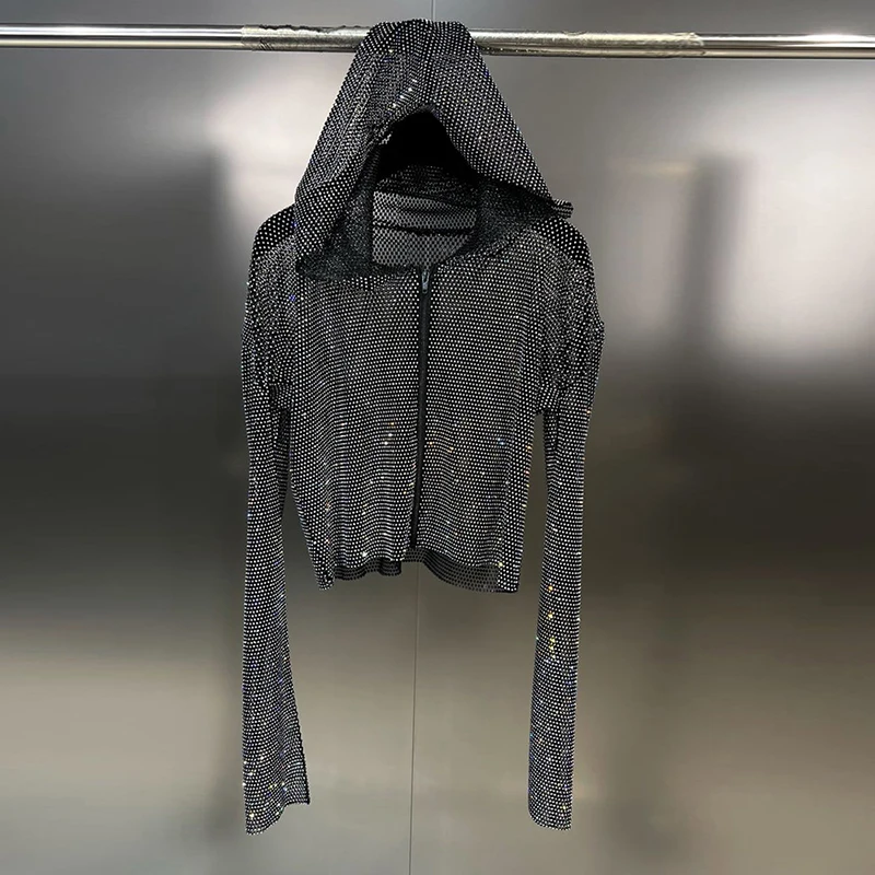 TWOTWINSTYLE Sheer Mesh Hooded Collar Spliced Diamonds Zipper Slimming Women Jacket 2023