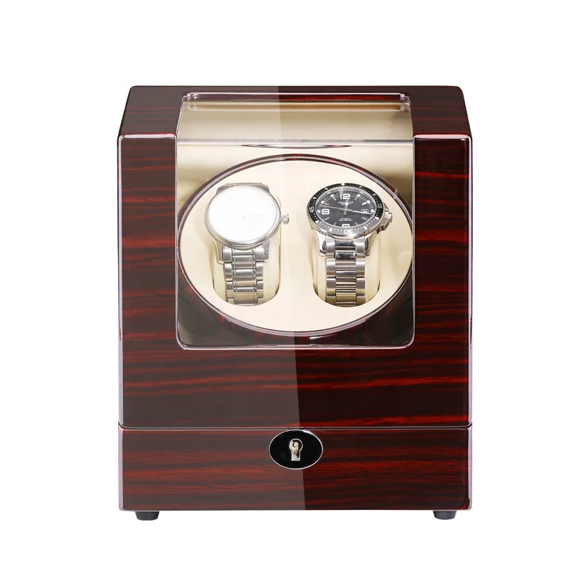 Oem High Quality Ebony MDF Lockable Watch Winder Box Built-In Wood Shell Piano Finish Automatic Watch Winder 2 Slots
