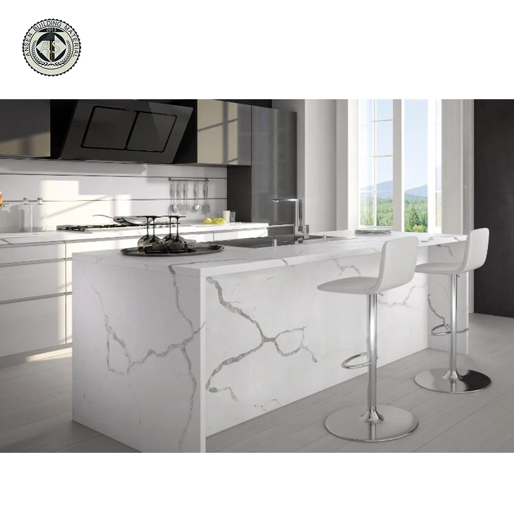 Popular White Calacatta Quartz Kitchen Benchtop Top Engineered Quartz Stone Slab