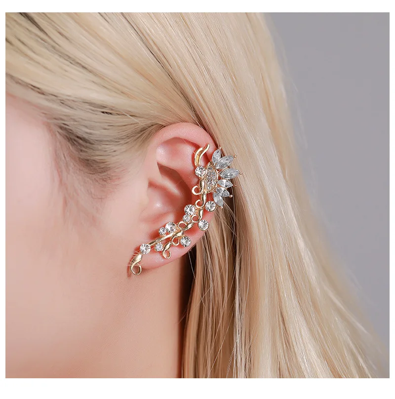 Wholesale Fashion Alloy Crystal Statement Punk Earrings Cuff Climber Full Rhinestone Crystal Leaf Ear Cuff Clip Earrings for Wom