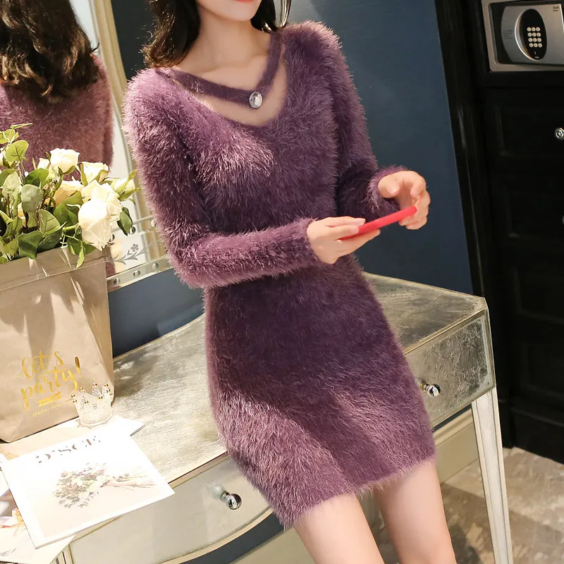 2021 new arrival crew neck halter long sleeve mohair slim fit sweater dress