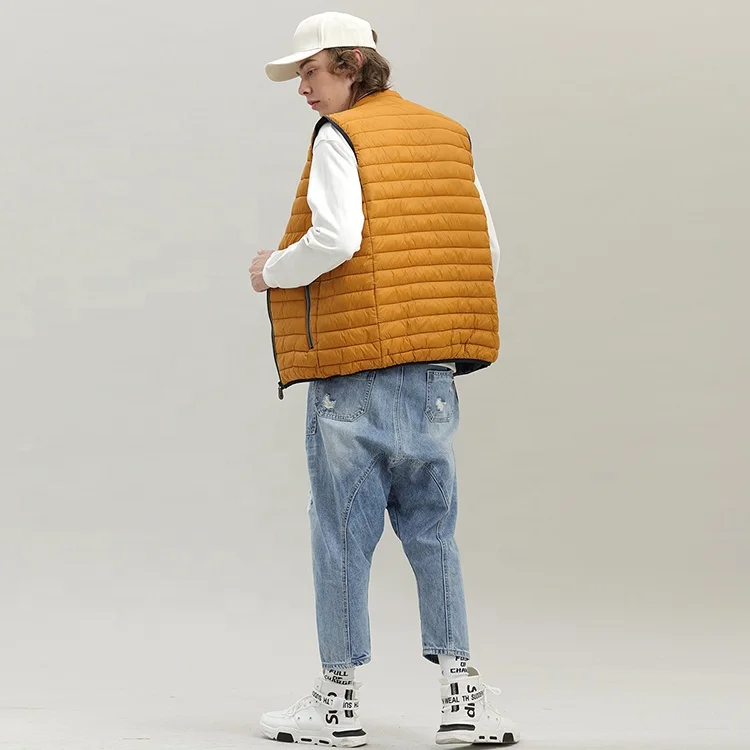custom logo winter high quality windproof orange men down puffer vests zipper threaded stand collar ultra light men down vest