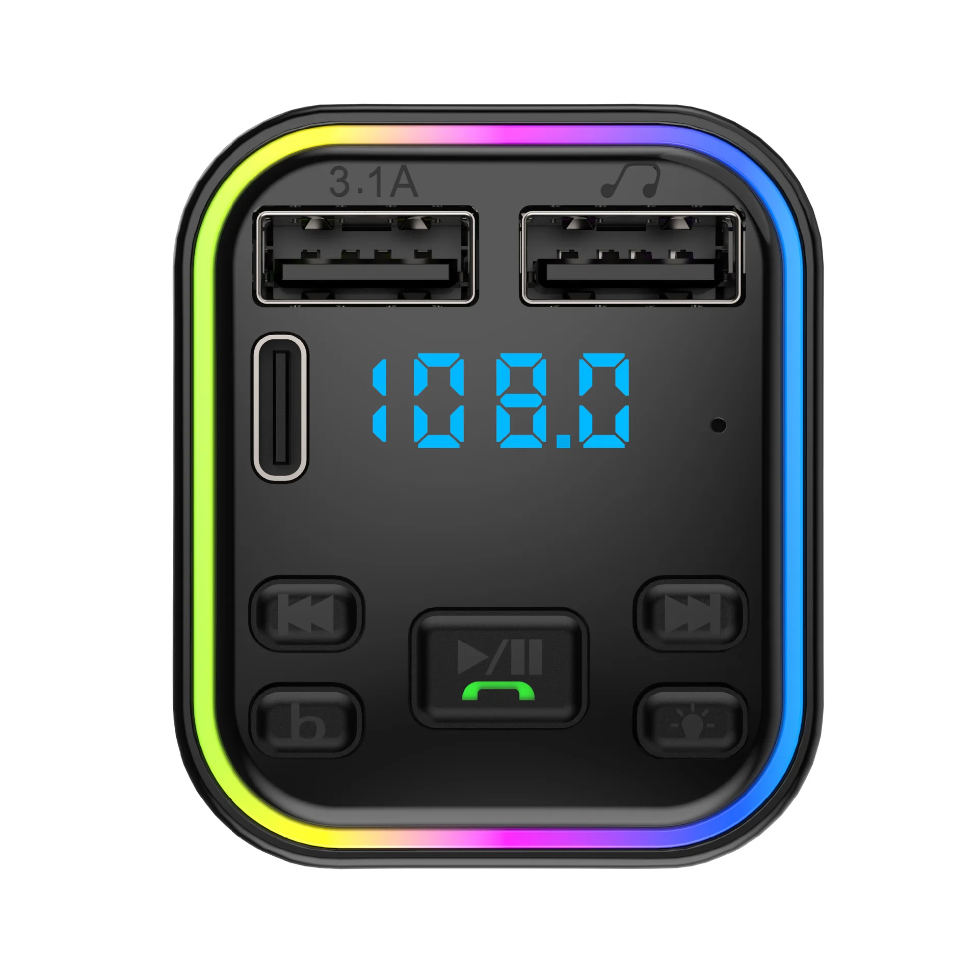 Автомобильный беспроводной FM-передатчик PD Type-C Dual USB 3.1A быстрое зарядное устройство Красочный рассеянный свет громкой связи MP3 модулятор