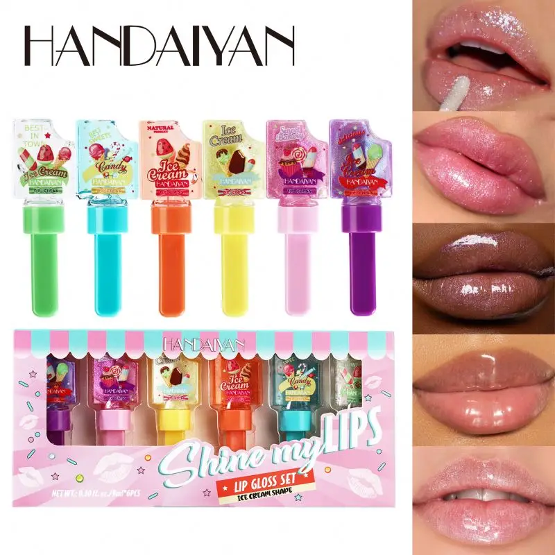 High Quality 6Pcs/set Cute Ice Cream Design Lip Stain Glitter Lip Gloss Color Changing Moisturizing Liquid Lipstick Set Lip Oil Makeup Kit