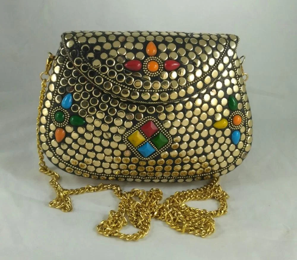 New Style Luxury Yellow Multi Stone Mosaic Metal Stylish Clutch Bag Evening Bag Woman Handbag Elegant Top Classic Fashionable