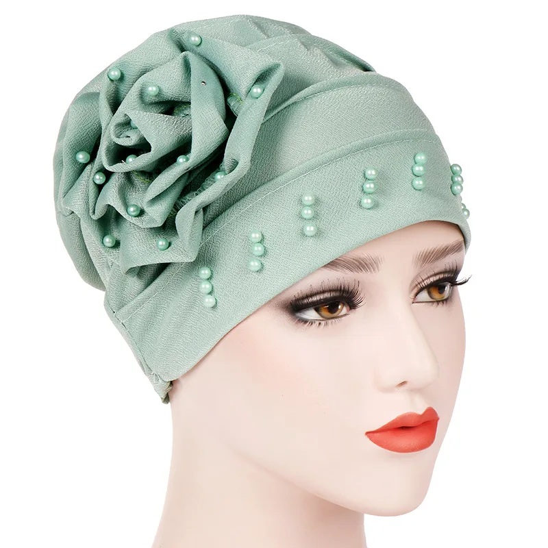 Fashion muslim headwear hair accessories pearls beaded flower turban women hijab cap
