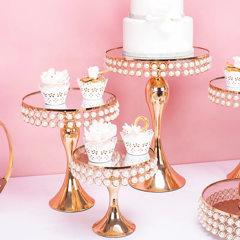 
luxury metal mirror Pearl cake stand set gold silver wedding decorations supplies party Dessert stand topper round Separable 