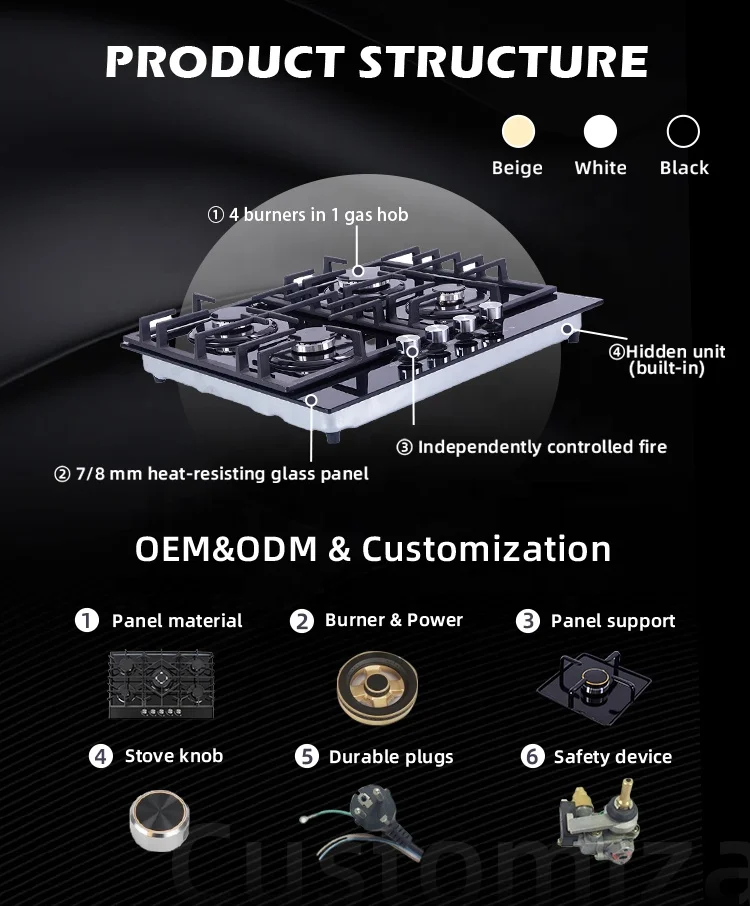 In stock kitchen glass top stainless steel built-in 4 burner gas ceramic cooktop other gas stove cooktops for home